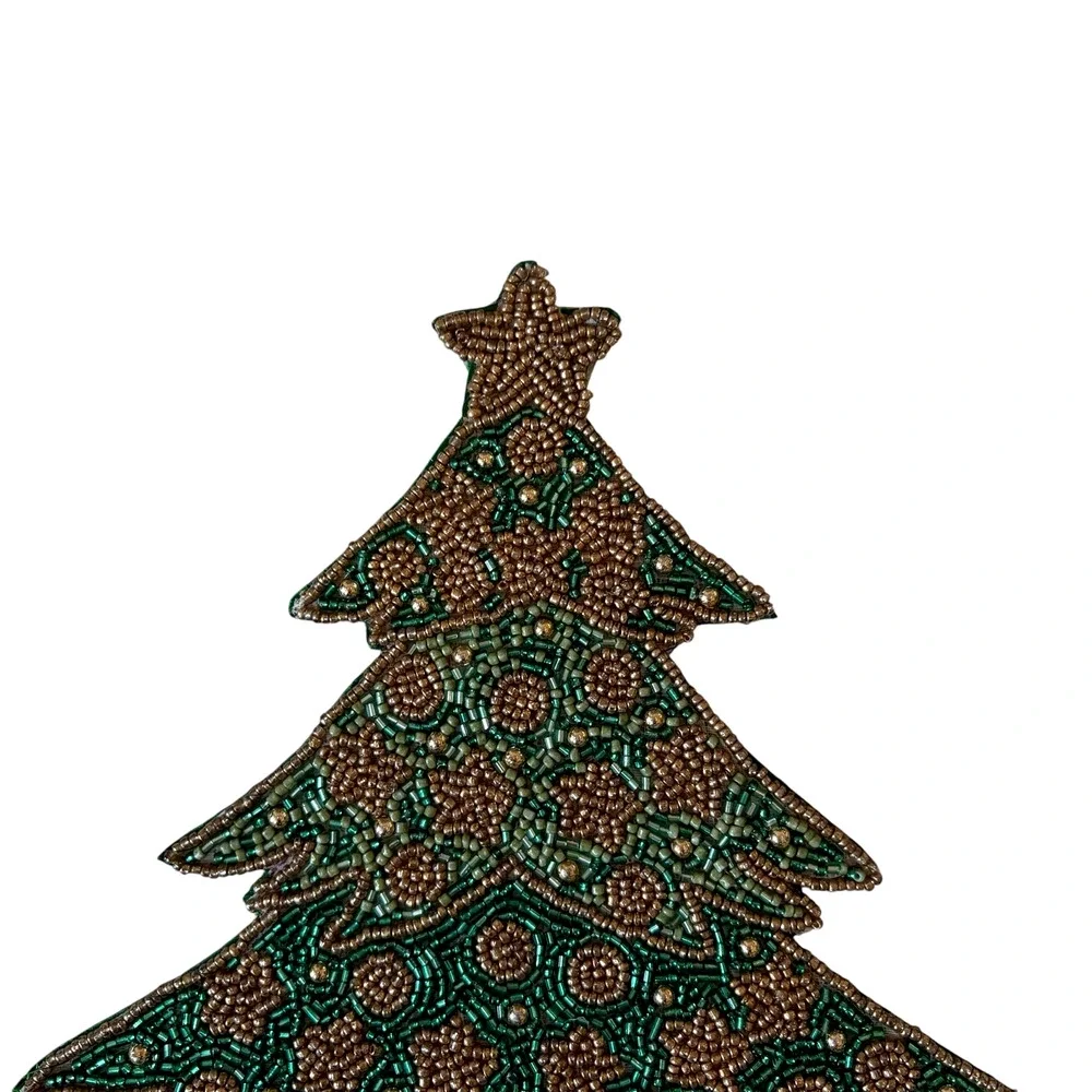 2pc Nicole Miller Beaded Christmas Tree Placemats Green Gold Holiday Glam NEW